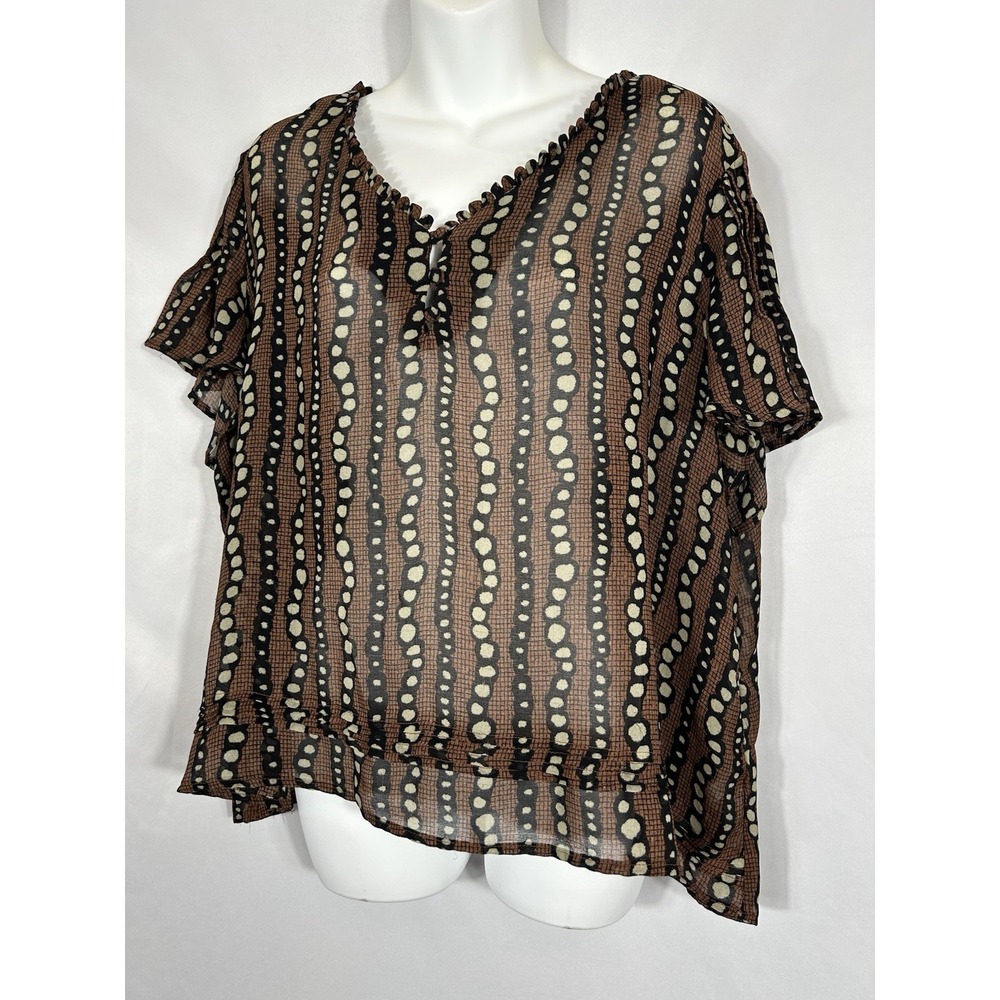 Womens Oversized Sheer Top‎ Brown Geo Flowy Bohemian Earthy Artsy Indie Size XL
